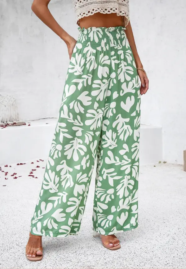 Elegant Printed Trousers Summer Loose Elastic High Waist Straight Pants For Beach Vacation Womens Clothing